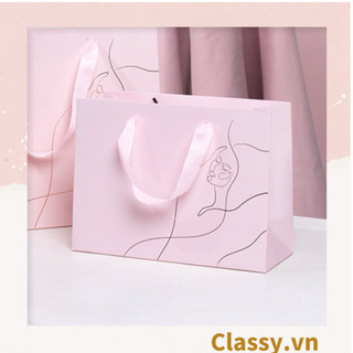 Túi giấy Classy đựng quà tặng quai quy băng; in hình cô gái nghệ thuật trừu tượng phù hợp đựng mỹ phẩm (Q541)