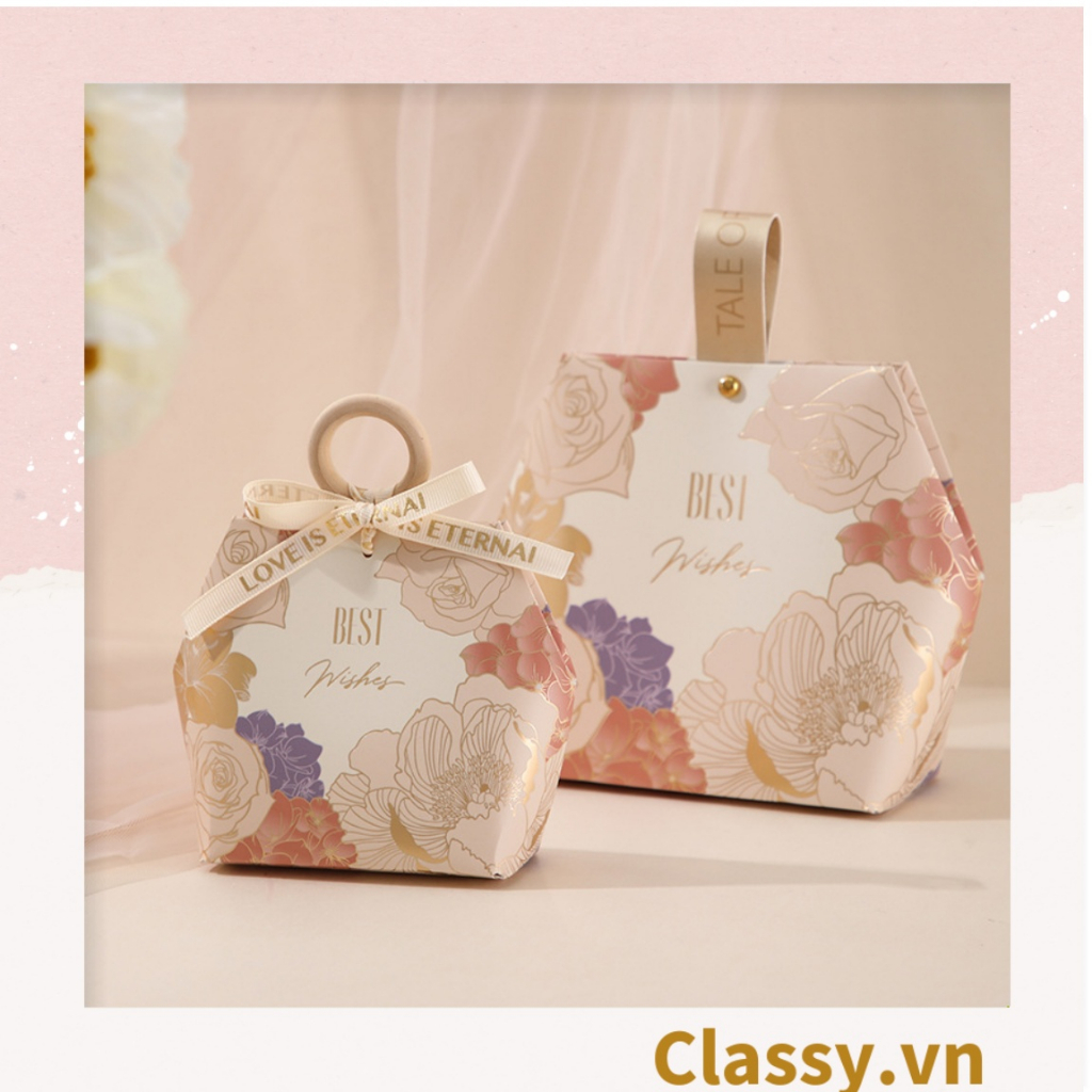 - Hộp giấy đựng quà tặng Classy hình lục giác, họa tiết vintage có gắn quai cầm nhựa hoặc da, Q907