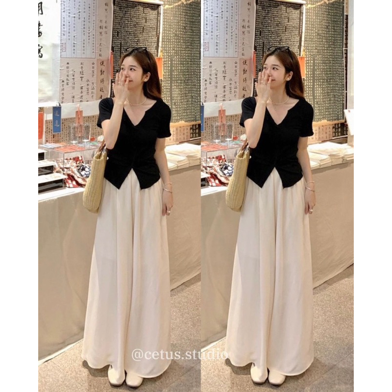 Set Áo Zip Cộc Tay Cổ V Mix Quần Suông Lụa Ống Rộng Form Xoè Phong Cách Nhẹ Nhàng Tiểu Thư Thanh Lịch