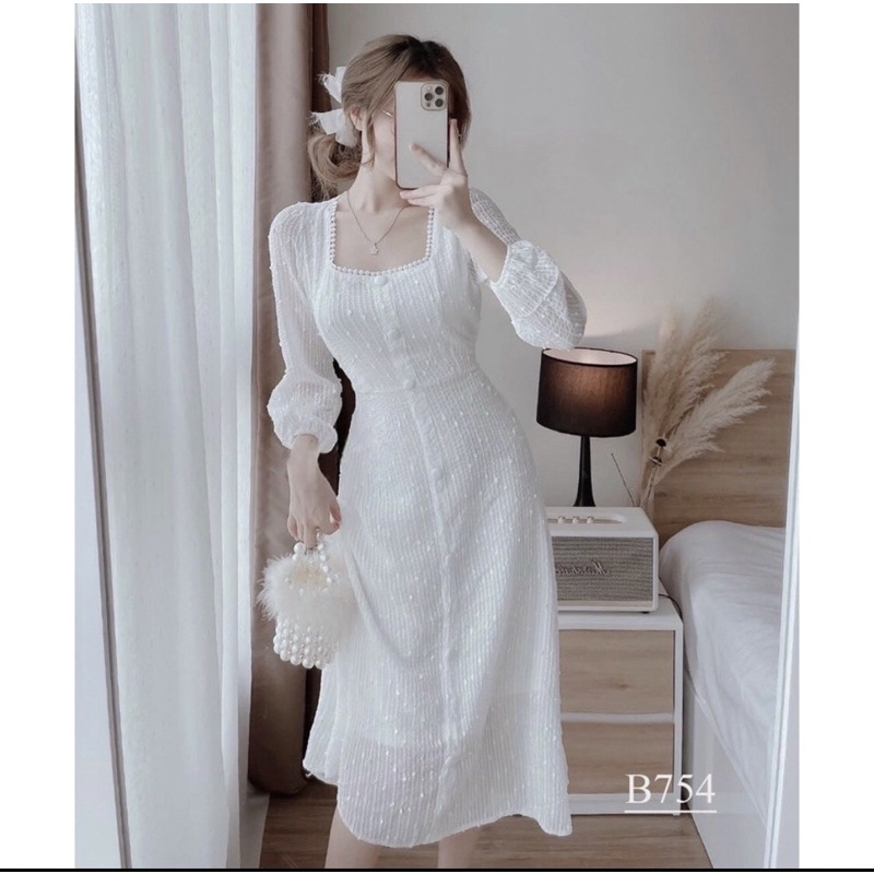 Đầm dự tiệc LucasDress_028 cổ vuông tay phồng dáng dài chất vải voan ren sang chảnh quyến rũ SONHALO.VN