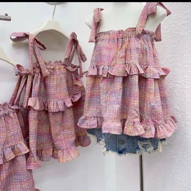 Áo 2 Dây Buộc Nơ Kẻ Xốp Hồng Cute Tiểu Thư Tôn Da Mùa Hè Dành Cho Nữ Nhungkudo