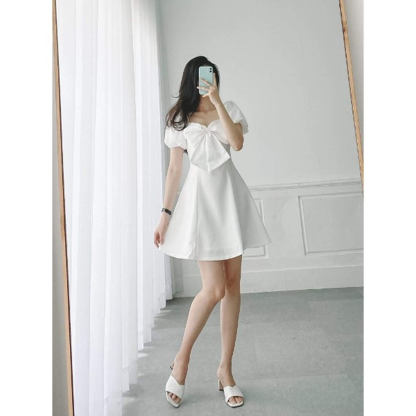 Đầm dự tiệc PertyDress_030 nơ ngực tay phồng chất vải cotton full lót sang chảnh quyến rũ SONHALO.VN