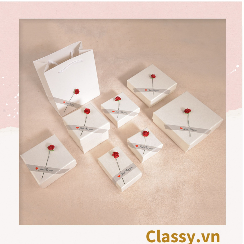 túi giấy Classy quai xách hoặc hộp đính hoa nhi màu đỏ, có bọt biển dùng đựng đồ quà tặng mini, trang sức Q973