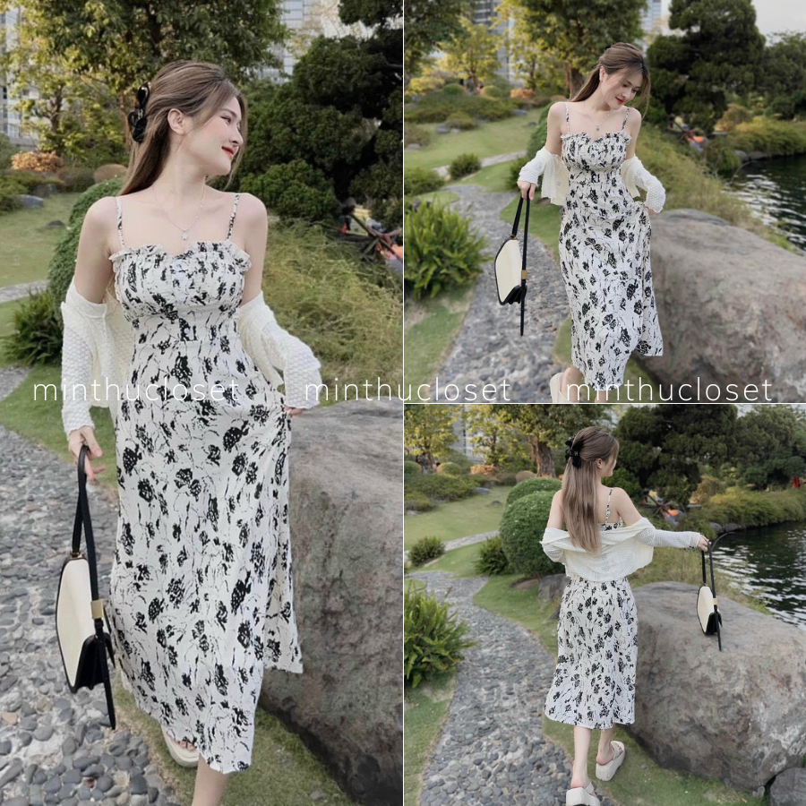 Đầm xốp hoa có mút in họa tiết vân trắng đen kèm áo khoác đi chơi minthucloset Váy nữ du lịch dạo phố hai dây