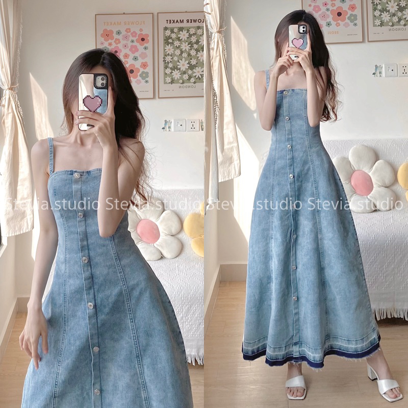 Stevia.studio - Váy midi denim cúc đồng form đẹp - 3 size Xs, S, M