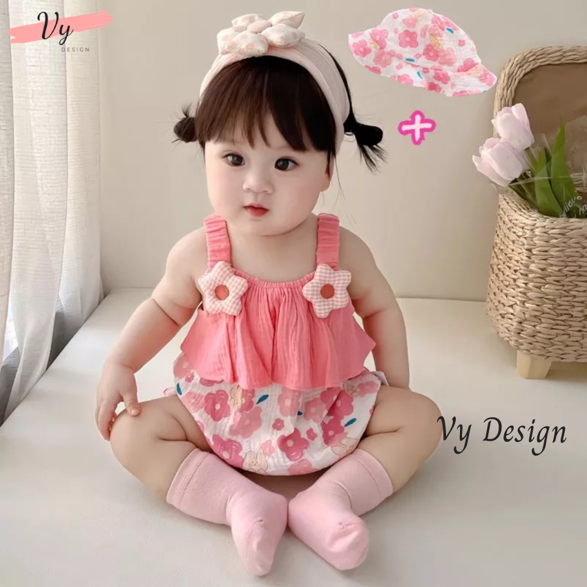 Set Body Cho Bé Sơ Sinh VY DESIGN. Body Bé Gái Thiết Kế Cao Cấp Kèm Mũ, Váy Sơ Sinh, Đầm Đầy Tháng