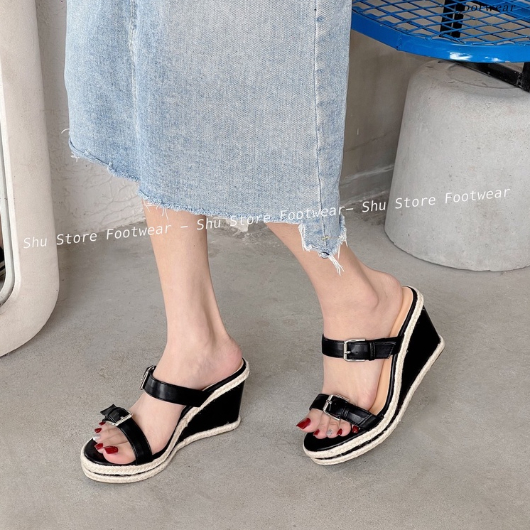 Shu Store | Dép đế xuồng cói 2 quai khoá kim loại đế cao 9 phân thời trang cho nữ