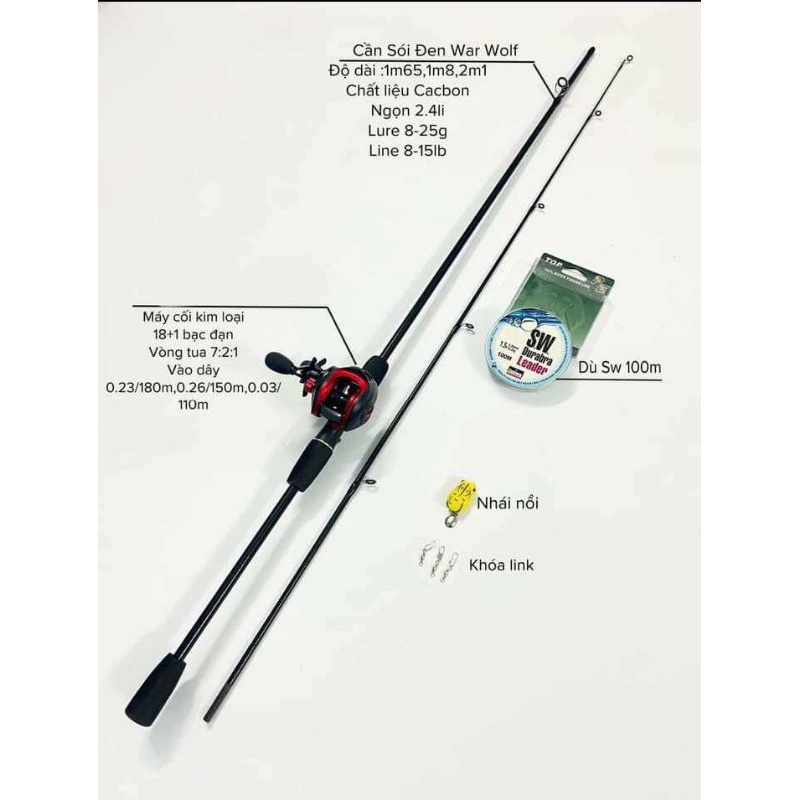 Bộ Cần Lure Máy Ngang Rise Spin Màu Đen ( Cần + máy + dù + mồi + khóa link )
