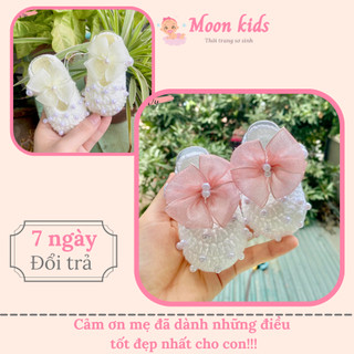 Giầy handmade cho bé gái sơ sinh, giầy bé gái, giầy sơ sinh mềm, thiết kê nơ kem, giầy công chúa cho bé gái