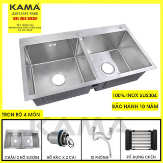 Chậu Rửa Chén Inox 304 Chính Hãng KAMA, Chậu Rửa Chén Bát Hai Hố Cân Kích Thước 8245, 7843 chuẩn inox 304, đúc dày dặn.