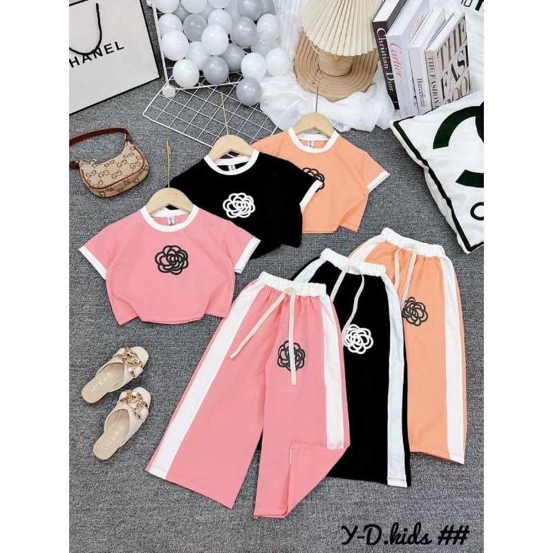 Bộ bé gái quần ống suông phối cute áo crotop in hình gấu dâu