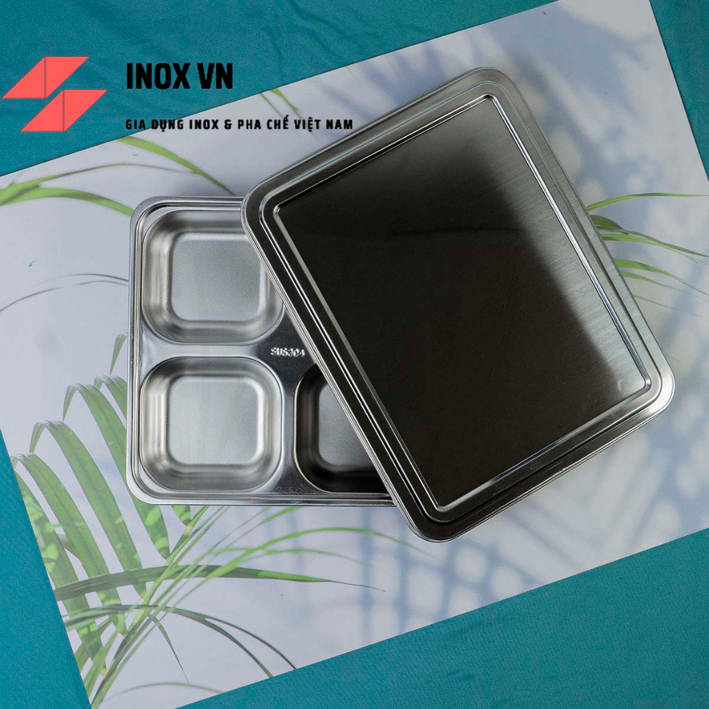 Khay Đựng Cơm 4 Ngăn Inox 304/201 Sâu Lòng ~ Kích Thước 28 x 22 x 4