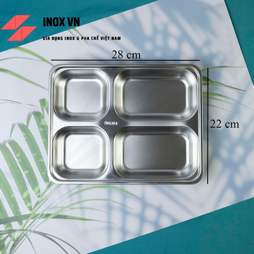Khay Đựng Cơm 4 Ngăn Inox 304/201 Sâu Lòng ~ Kích Thước 28 x 22 x 4