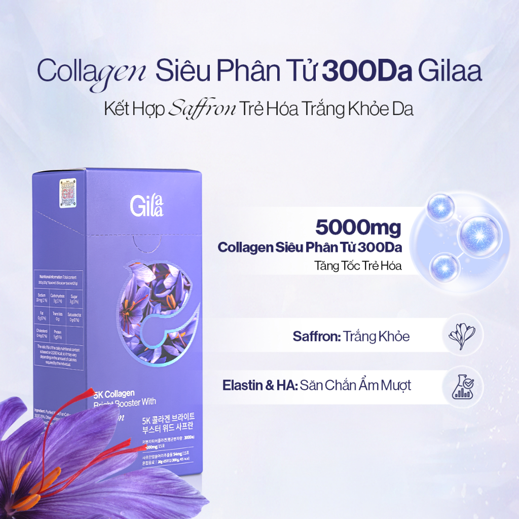 [TẶNG THÊM 2 GÓI] Nước Uống 5000mg Collagen Gilaa Siêu Phân Tử 300DA (20g X 15 Gói)