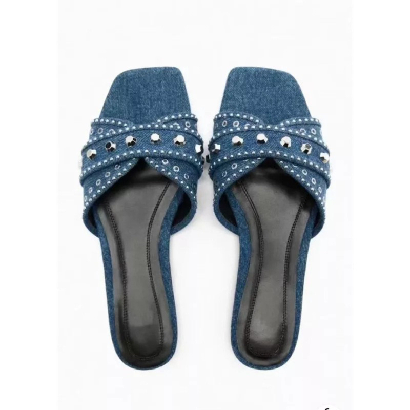 Dép lê zara chất liệu vải jean, vải bò đính đá mẫu hot mới nhất 2023