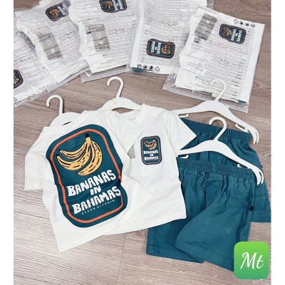 Bộ chuối áo tráng quần xanh bananas chất cotton cộc tay cho bé trai