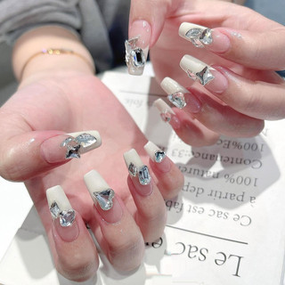 Nailbox fom thang đầu móng trắng đính đá khối