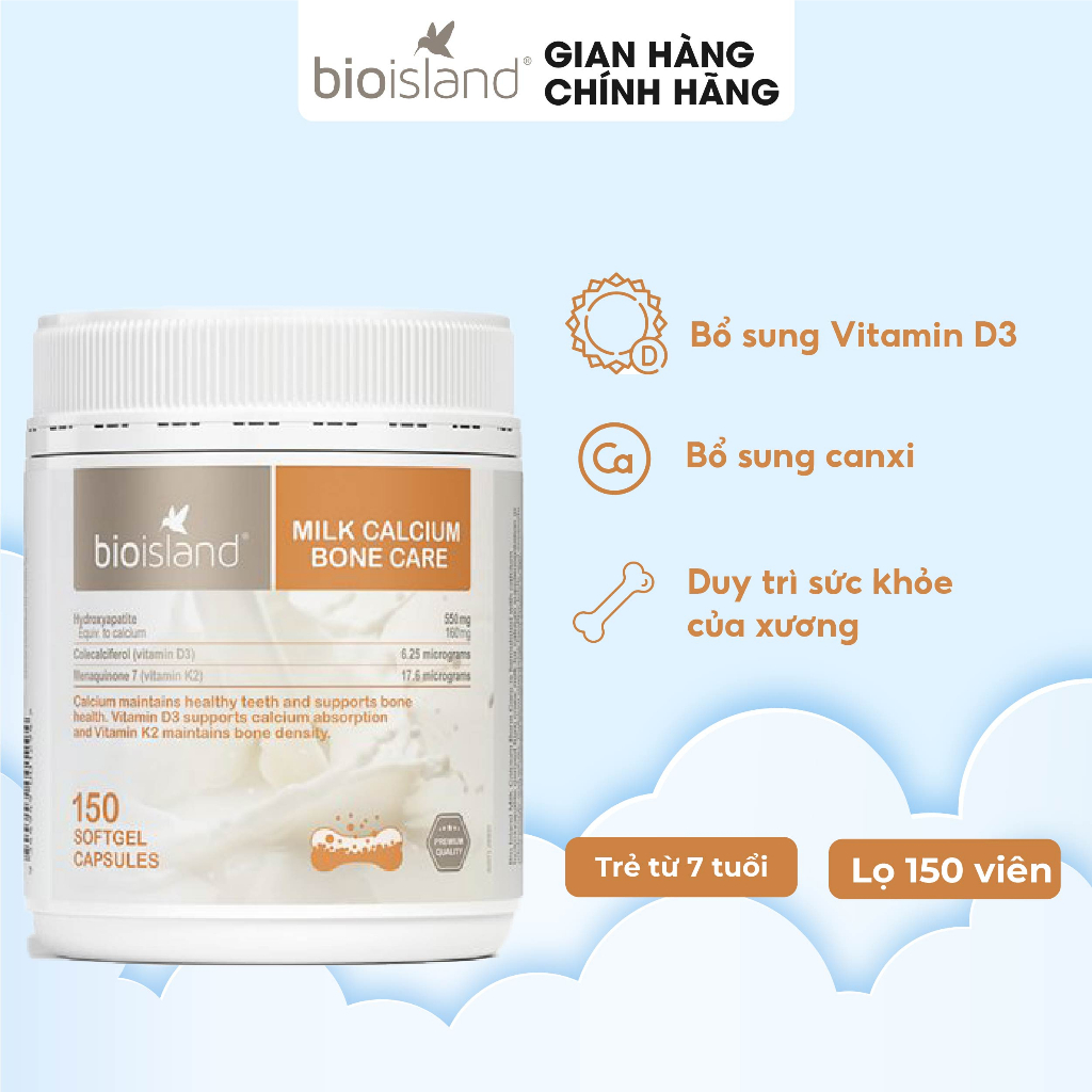 Viên sữa canxi Bio Island Milk Calcium Bone Care hỗ trợ xương răng chắc khỏe cho thiếu niên, mẹ bầu, người già 150 viên