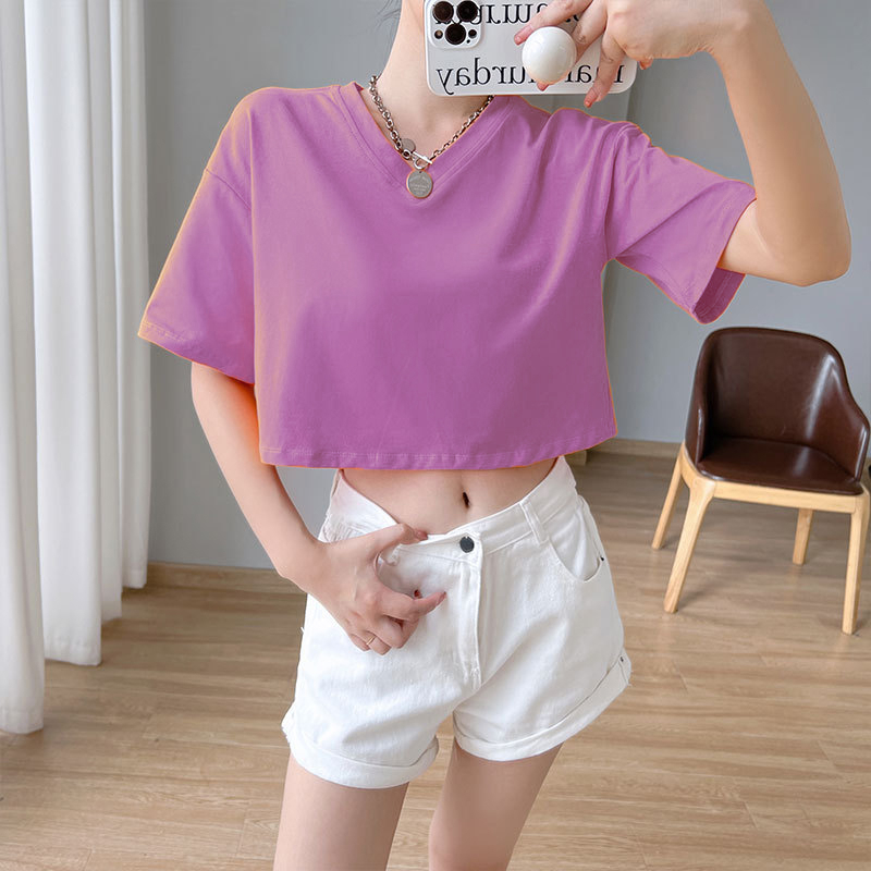 Áo Thun Croptop Cổ Tim Madela Đủ Màu Siêu Dễ Thương, Croptop Cổ V Ngắn Tay Chất Dày Dặn