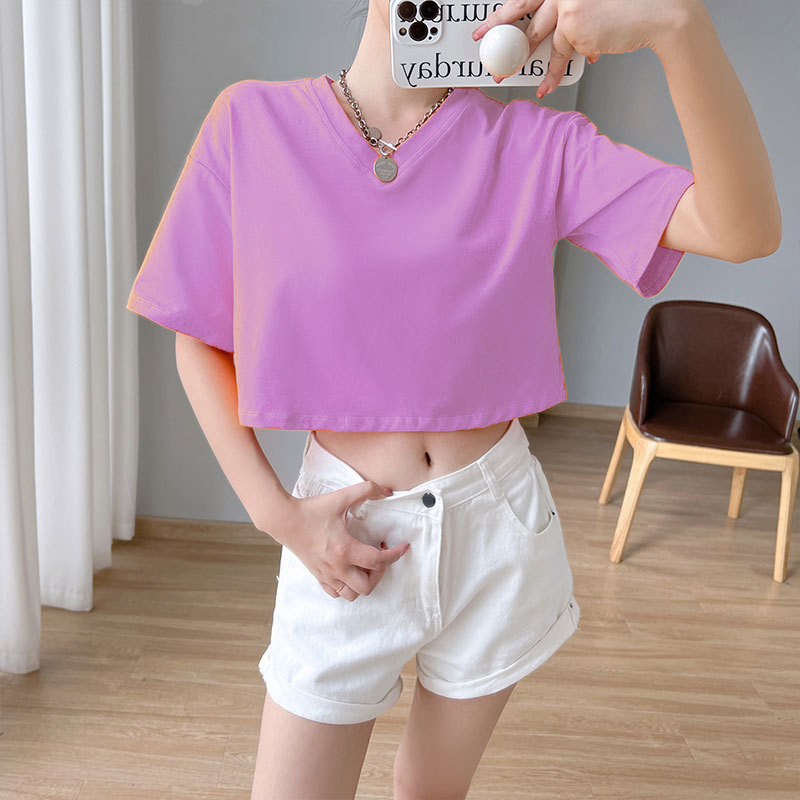 Áo Thun Croptop Cổ Tim Madela Đủ Màu Siêu Dễ Thương, Croptop Cổ V Ngắn Tay Chất Dày Dặn