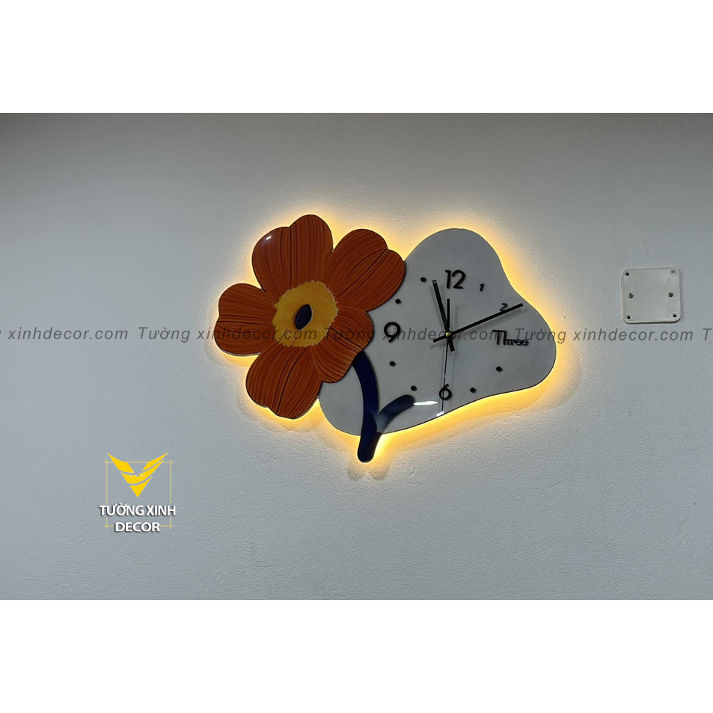 Tranh Hoa treo tường có đèn LED + đồng hồ TườngXinhHome Trang trí phòng ngủ , phòng khách , quà tặng tân gia , spa...