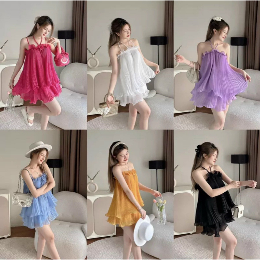 Set chân váy dập ly dáng xòe mix áo bèo cuốn dây 6 màu tôn da, duyên dáng cho nàng diện đi chơi, dạ hội [909]
