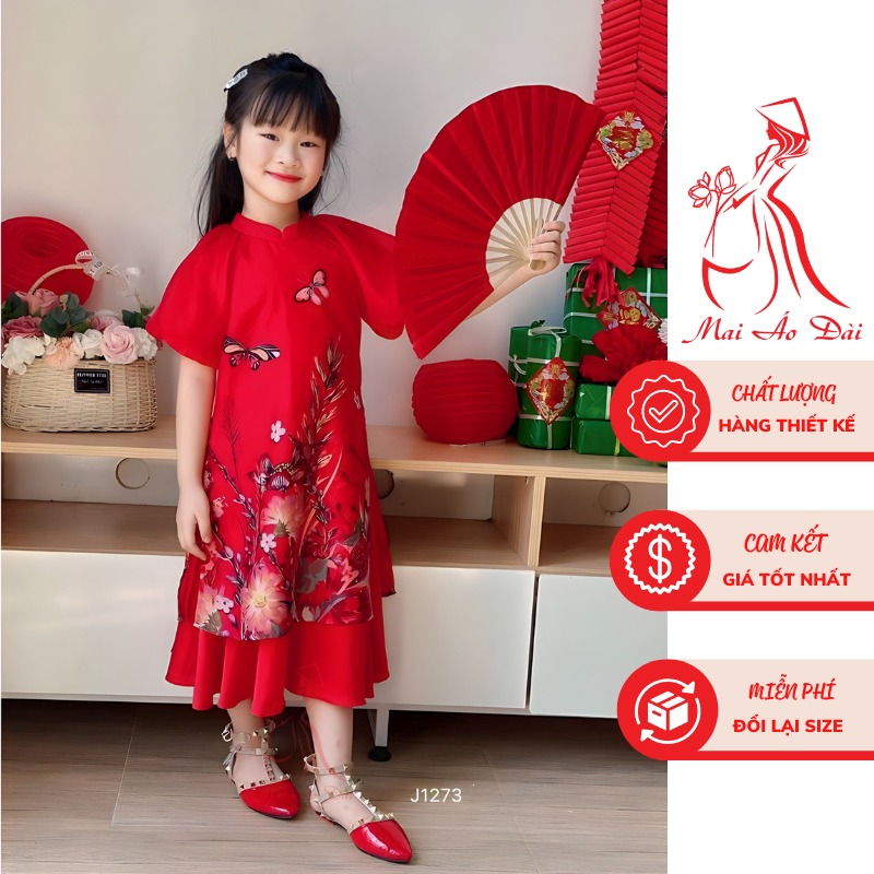 Set Áo dài đỏ cách tân bé gái họa tiết hoa bướm đua nở hàng cao cấp- Mai Áo Dài