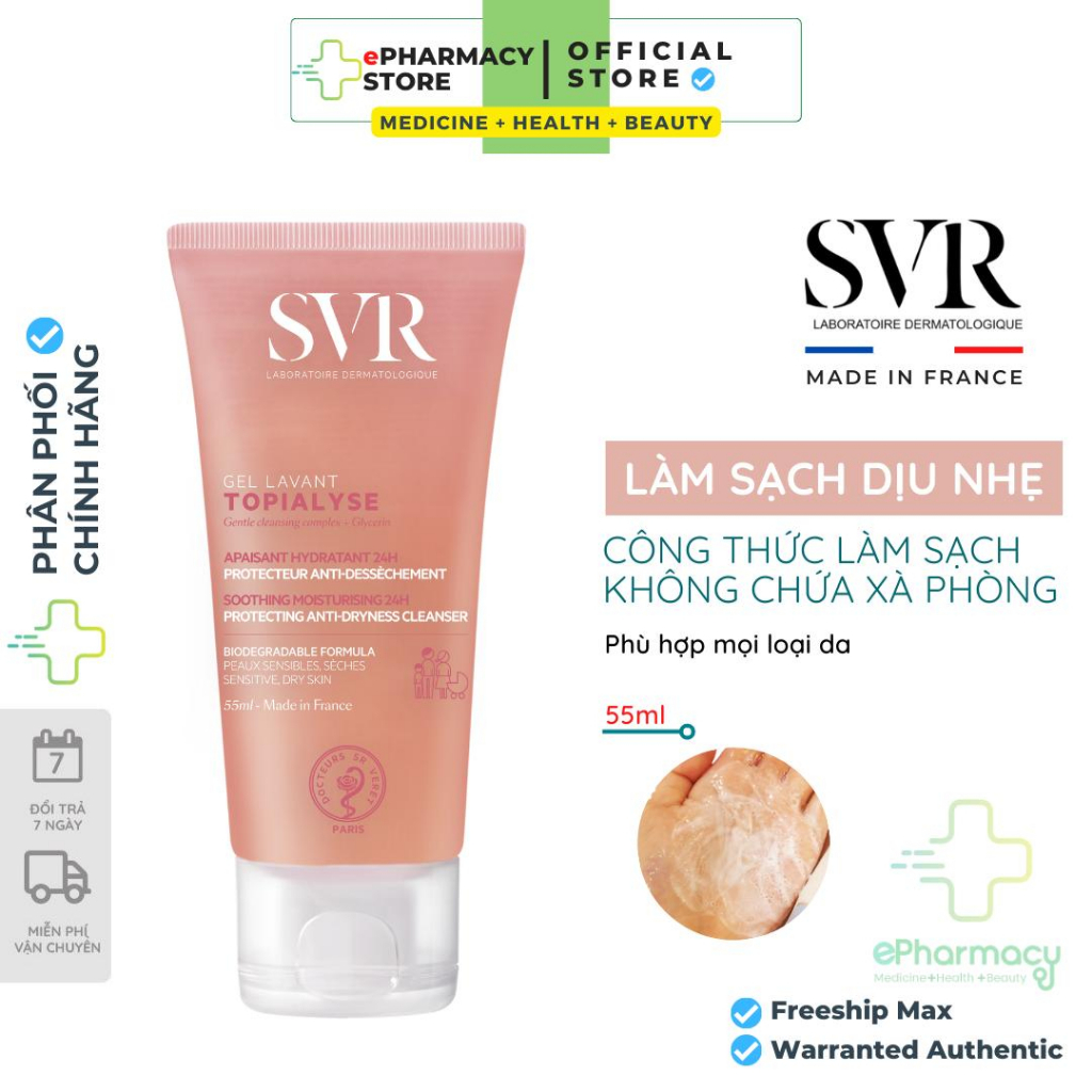 Gel rửa mặt SVR giúp làm sạch da [55mL] - Sữa rửa mặt cho da dầu Sebiaclear, da khô Topialyse và da nhạy cảm Physiopure