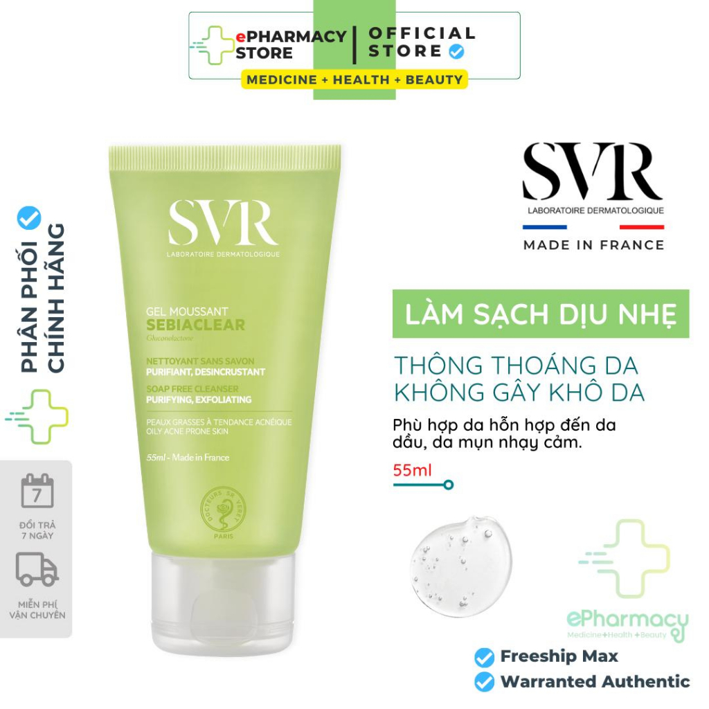 Gel rửa mặt SVR giúp làm sạch da [55mL] - Sữa rửa mặt cho da dầu Sebiaclear, da khô Topialyse và da nhạy cảm Physiopure