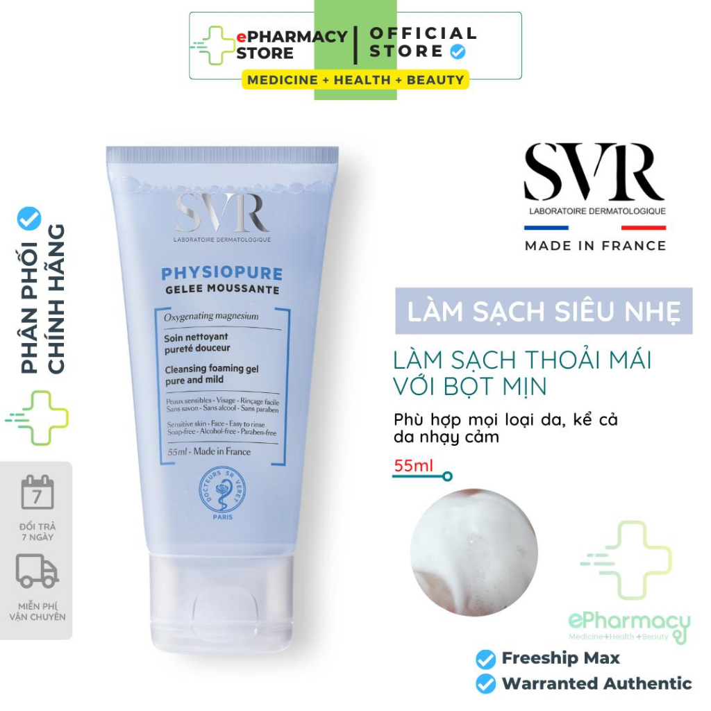 Gel rửa mặt SVR giúp làm sạch da [55mL] - Sữa rửa mặt cho da dầu Sebiaclear, da khô Topialyse và da nhạy cảm Physiopure