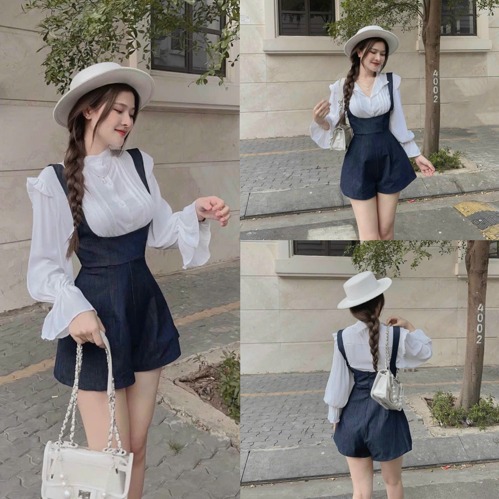 Set bộ nữ dễ thương áo sơ mi lụa tay dài dập ly kèm yếm jean mềm mại cho nàng đi chơi và dạo phố DX