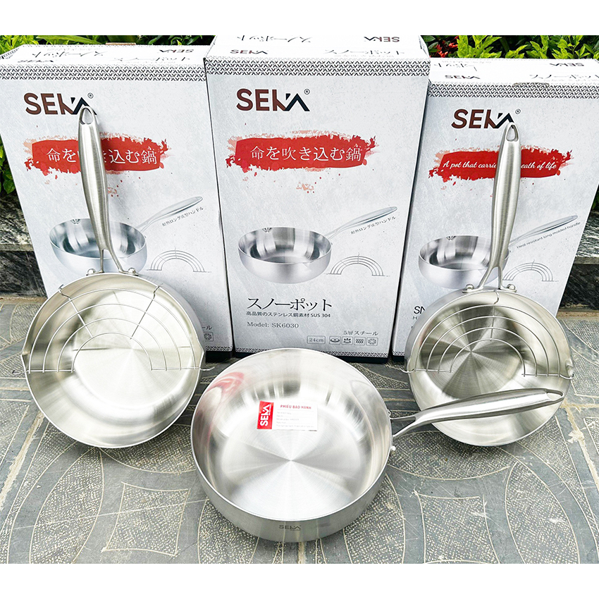 Chảo inox nguyên khối chống dính SEKA dùng cho mọi loại bếp tặng kèm vỉ gác chảo