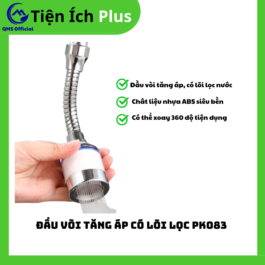 Đầu vòi lọc nước tăng áp 360 độ QMS - PK083 chất liêu nhưa ABS có đù dài và ngắn có lõi lọc thay thế