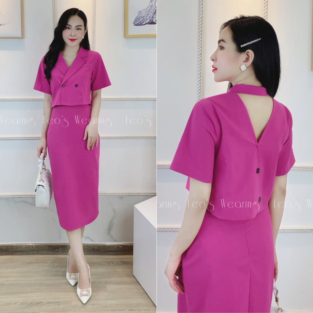 Set váy dạo phố LEOSWEARING chân váy midi mix áo croptop khoét lưng màu hồng tím A335
