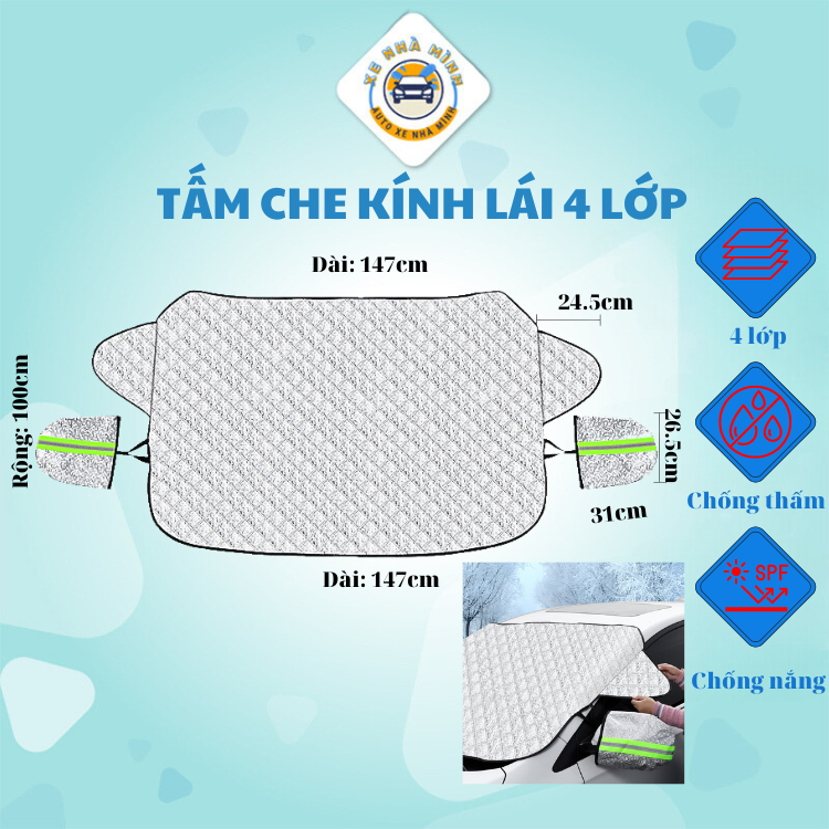 Bạt che kính lái ô tô Xe Nhà Mình, 4 lớp, chống thấm nước, chống nắng, chống nóng, ngăn tia UV hiệu quả, KT 100 x 147cm