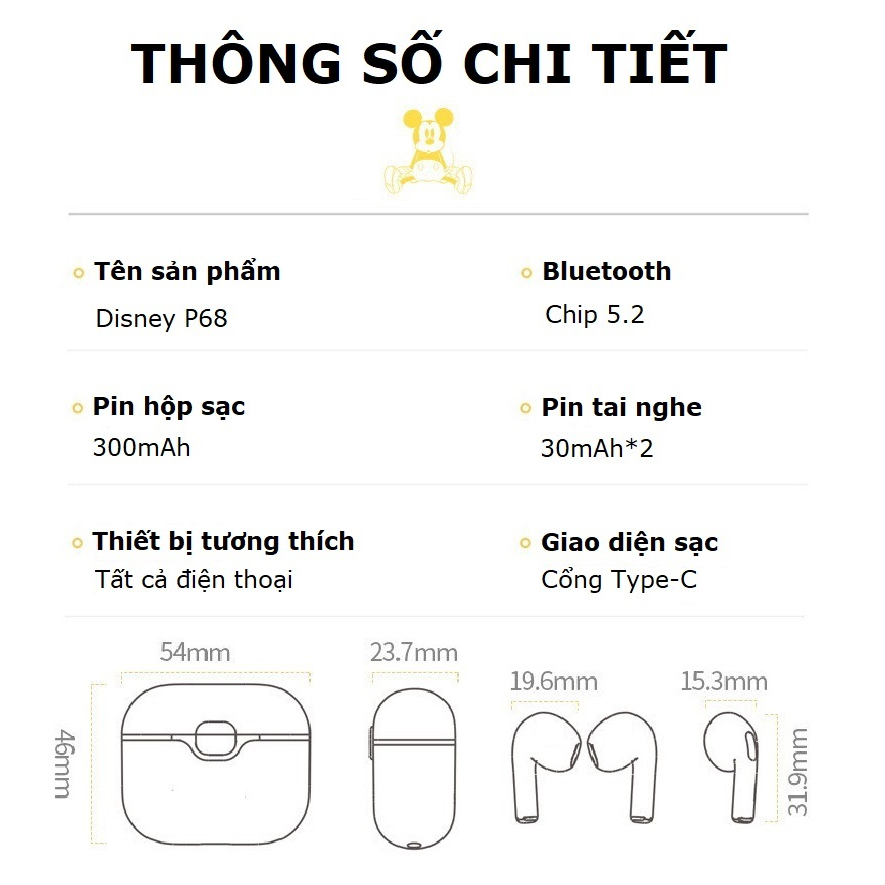 Tai nghe bluetooth không dây Gutek Disney P68 TWS 5.2 chính hãng nút cảm ứng âm thanh HIFI có mic đàm thoại