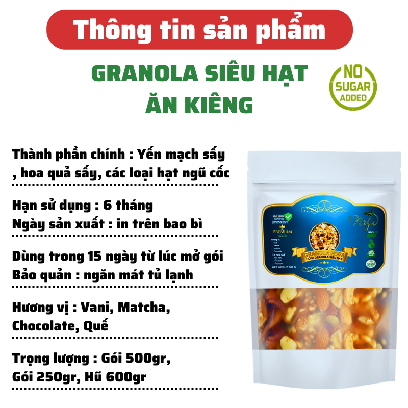 Granola Siêu Hạt Ăn Kiêng Nofa, Ngũ Cốc Siêu Hạt Giảm Cân Dinh Dưỡng Không Đường, Óc Chó Đỏ, Dâu Tây, Thêm Mắc Ca 500gr