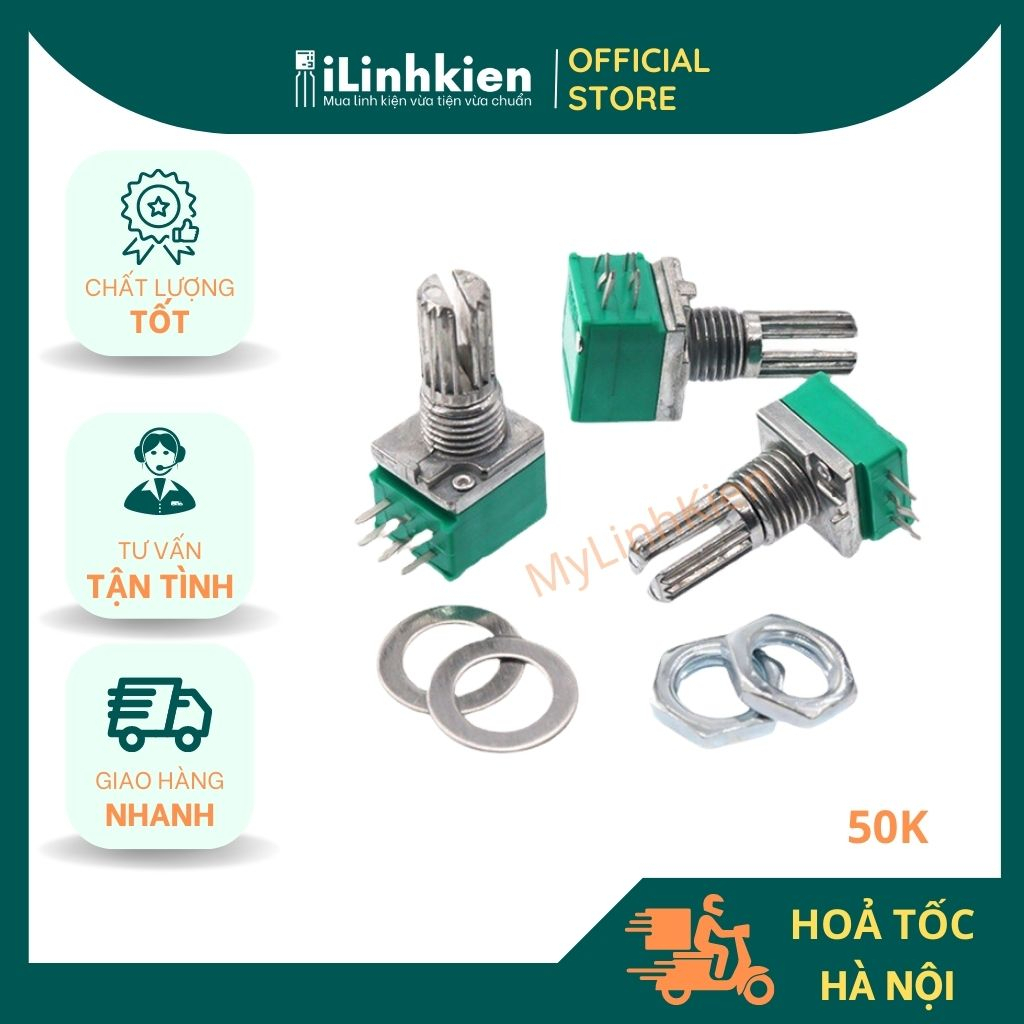 Chiết áp đôi 50K RK097G B50K 15mm xanh chất lượng tốt.