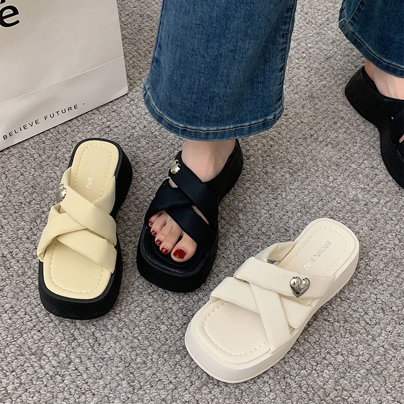 Dép nữ thời trang đế đúc tăng chiều cao quai chéo 3 màu