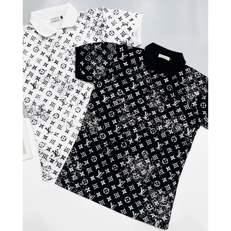 SWE - Áo thun nam nữ cổ trụ tay ngắn phối tay cổ bo dệt in họa tiết LV loang, áo chất cotton thoáng