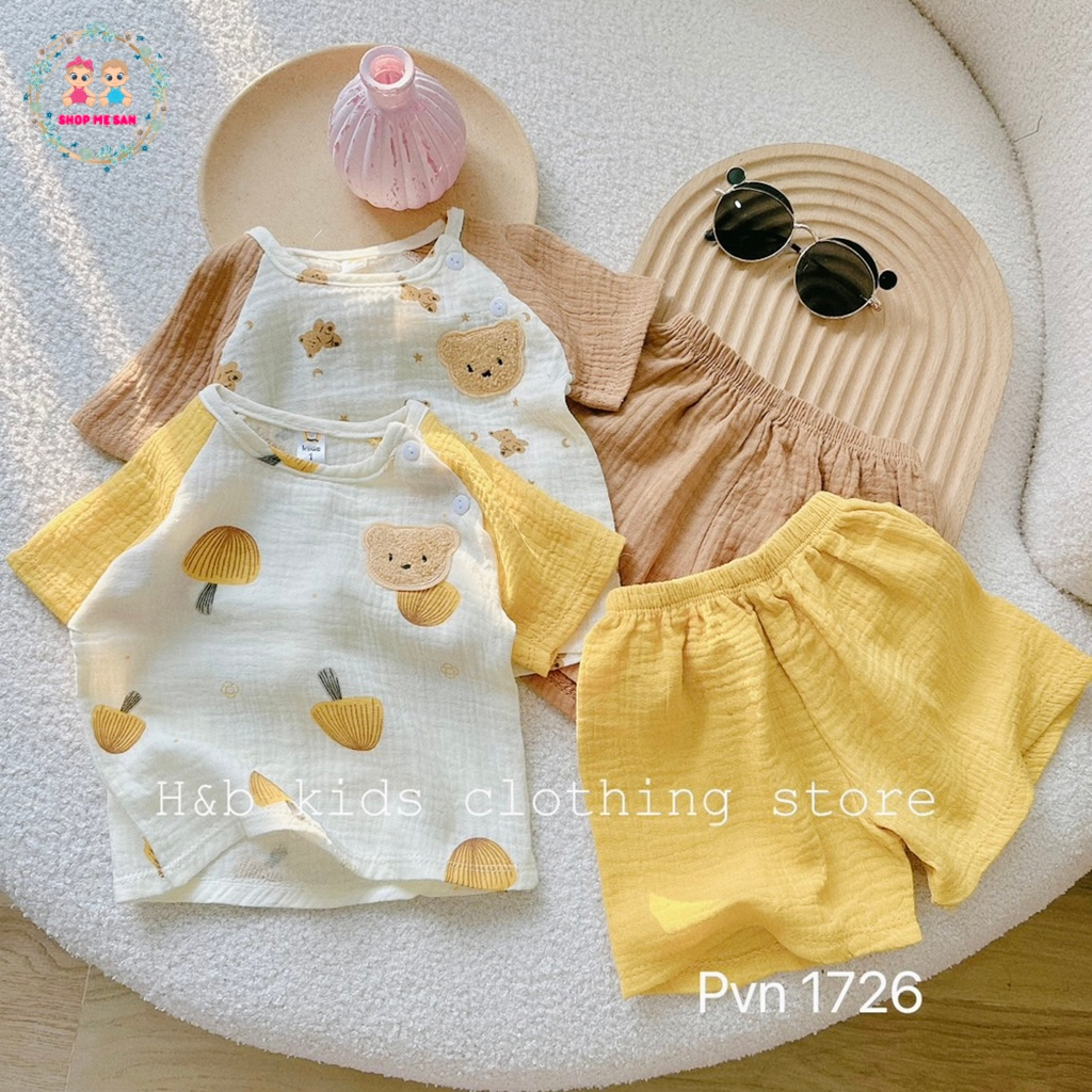 Bộ Cộc Tay Bé Trai, Bộ Cộc Tay Bé Gái Chất Liệu Xô Muslin 2 Lớp Cao Cấp Cùng Kiểu Dáng Dễ Thương