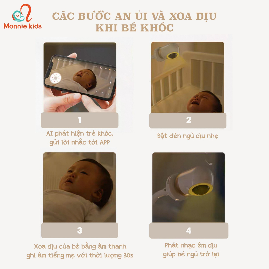 Camera báo tiếng khóc trẻ em Ebemate, camera trông trẻ đa chức năng công nghệ AI tiên tiến - Monnie Kids