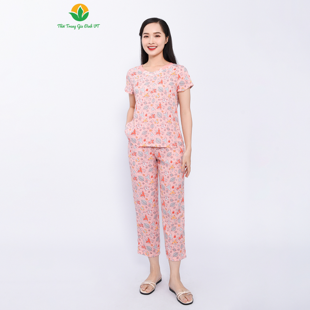 Bộ quần áo mặc nhà cho nữ Việt Thắng, quần dài, áo cộc tay chất liệu Lanh (rayon)  thoáng mát - B08.2309