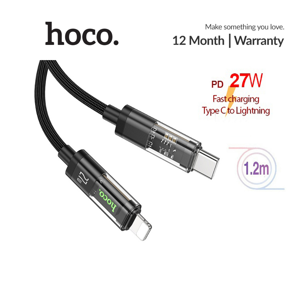 Cáp sạc PD27W Hoco U116 hỗ trợ sạc 3A đèn Led dây dù siêu bền cho 11/12/13/14 dài 1.2M
