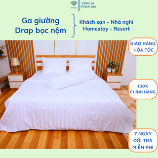 Ga giường vải trắng sọc 3cm cho khách sạn, ga bọc nệm cao cấp vải cvc T300 Riotex không xù lông, ít nhăn