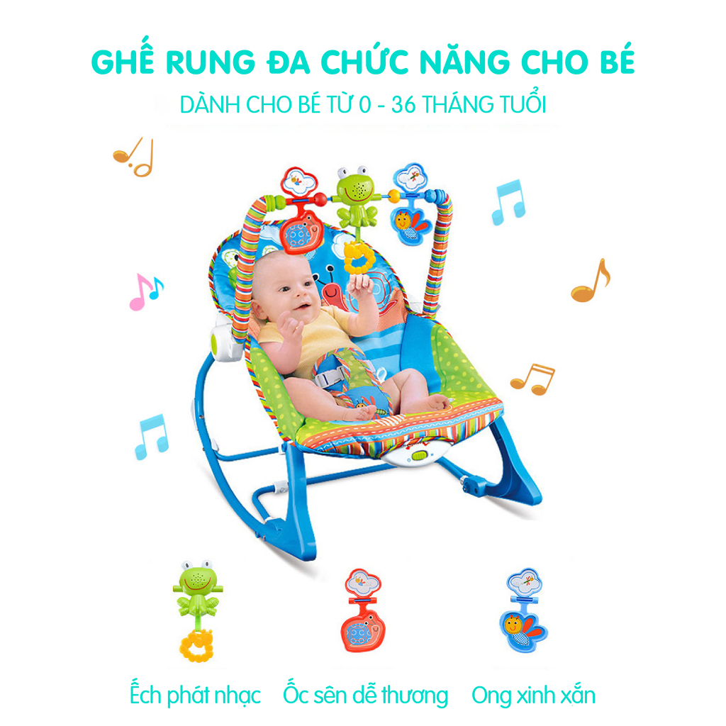 Ghế rung tự động bập bênh phát nhạc màu xanh cao cấp cho bé yêu