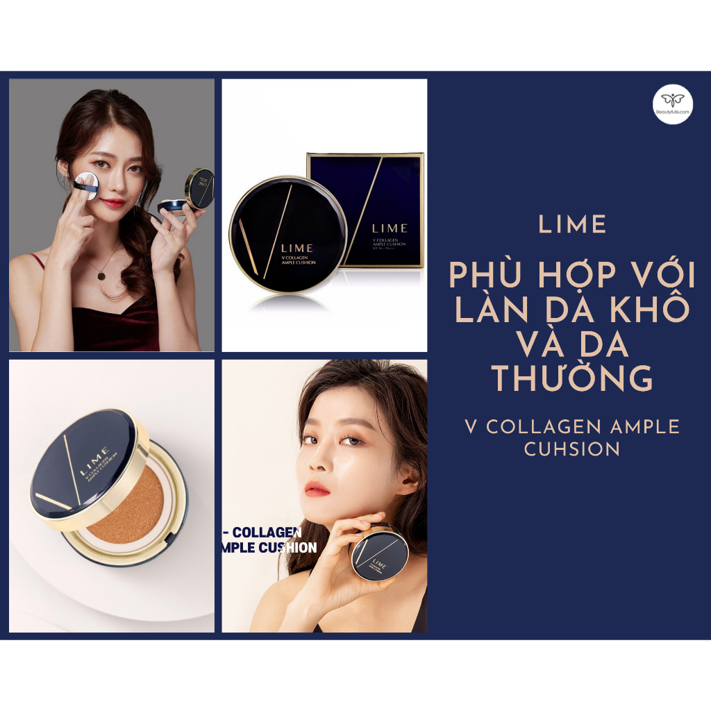 Phấn nước Lime Real Cover xanh Pink lime V Collagen Ample Cushion trắng chính hãng Hàn Quốc