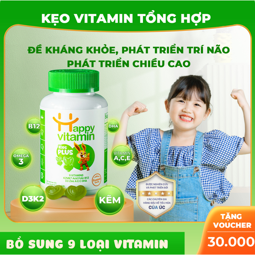 Kẹo dẻo Vitamin tổng hợp cho bé Kids Plus+ D3K2,A,B12,C,DHA  con ăn ngon, tăng đề kháng - Happy Vitamin