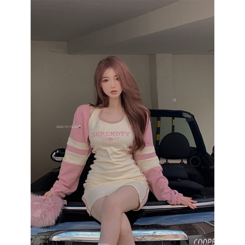 SET ĐẦM BODY KEM CHỮ TRÒNG CỔ + ÁO CROPTOP KHOÁC HỒNG