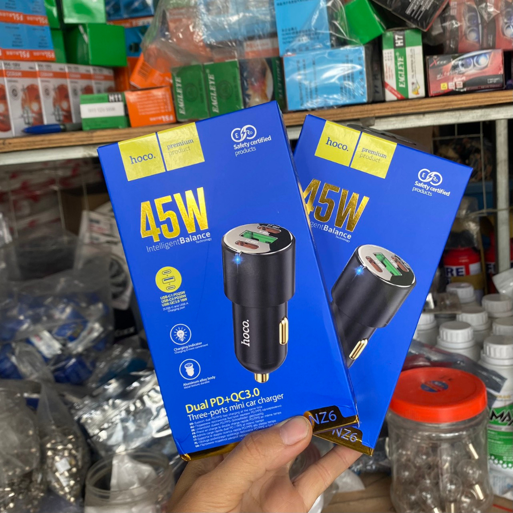 Tẩu Sạc Ô tô Hoco NZ6, Sạc Nhanh 45W, Chất Liệu Hợp Kim Nhôm + ABS Chống Cháy, Tương Thích Với Samsung PD25W + Apple 20W